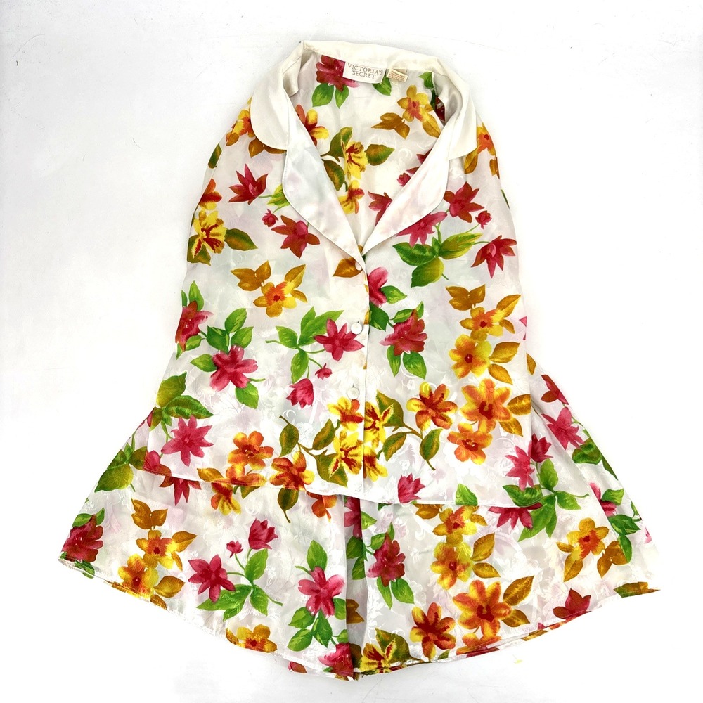 Vintage Victoria Secret Pajama Set Gold Label Satin Large Tropical Floral Sexy